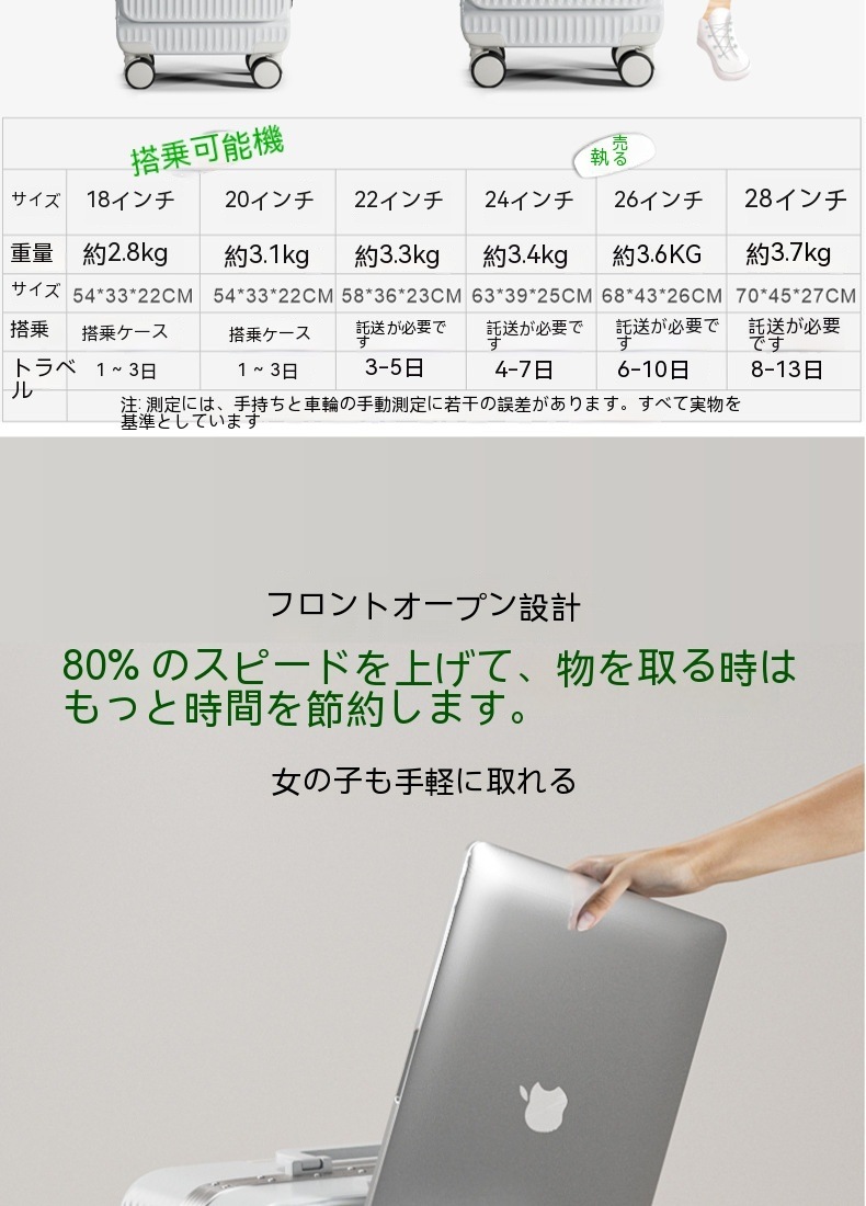 スーツケース 機内持ち込み キャリーケース 多機能カップホルダー付き USB充電可能 TSAロック 大容量 トップレベルの品質 丈夫で長持ちする 短途旅行 出張 軽量 ins人気