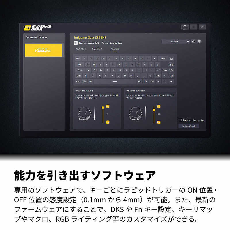 エンドゲームギア　ゲーミングキーボード KB65HE RGB ラピッドトリガー ［有線 /USB-A＋USB-C］ ブラック　EGG-KB65HE-GUS