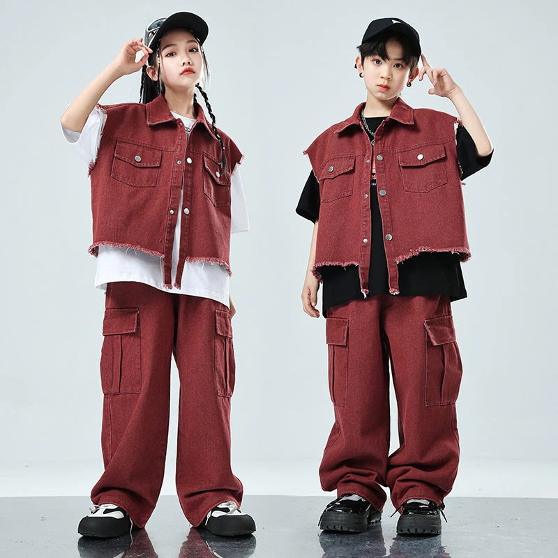 子供の街のダンスのファッション服hiphopヒップホップのデニムの馬甲の男の子の出演服のスーツの女の子のジャズダンス 子供の街のダンスのファッション服hiphopヒップホップのデニムの馬甲の男の子の出演服のスーツの女の子のジャズダンス