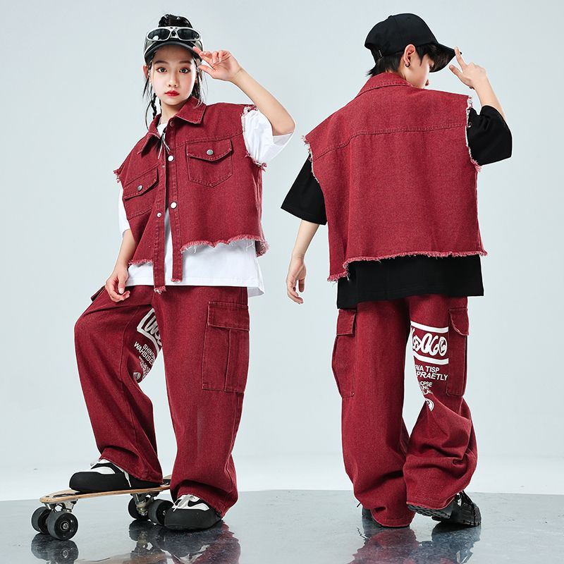 子供の街のダンスのファッション服hiphopヒップホップのデニムの馬甲の男の子の出演服のスーツの女の子のジャズダンス 子供の街のダンスのファッション服hiphopヒップホップのデニムの馬甲の男の子の出演服のスーツの女の子のジャズダンス
