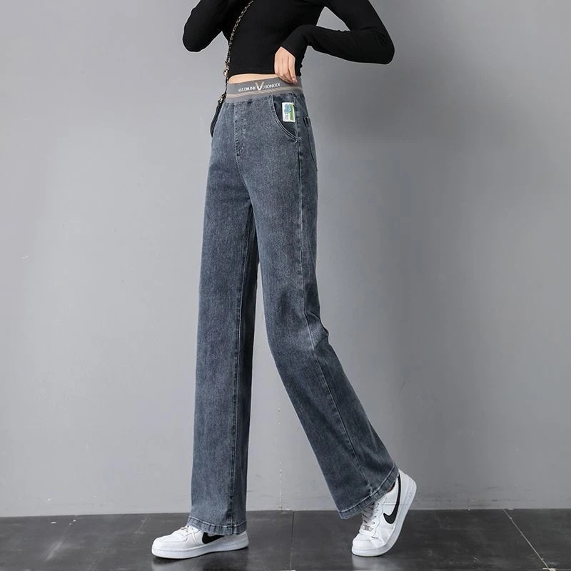 【裕福になる】弾性ウエストストレートジーンズ女性のとはパッド入りの厚くハイウエストの細い9ワイドパンツの狭いバージョン 【裕福になる】弾性ウエストストレートジーンズ女性のとはパッド入りの厚くハイウエストの細い9ワイドパンツの狭いバージョン