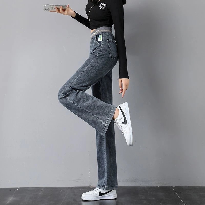 【裕福になる】弾性ウエストストレートジーンズ女性のとはパッド入りの厚くハイウエストの細い9ワイドパンツの狭いバージョン 【裕福になる】弾性ウエストストレートジーンズ女性のとはパッド入りの厚くハイウエストの細い9ワイドパンツの狭いバージョン