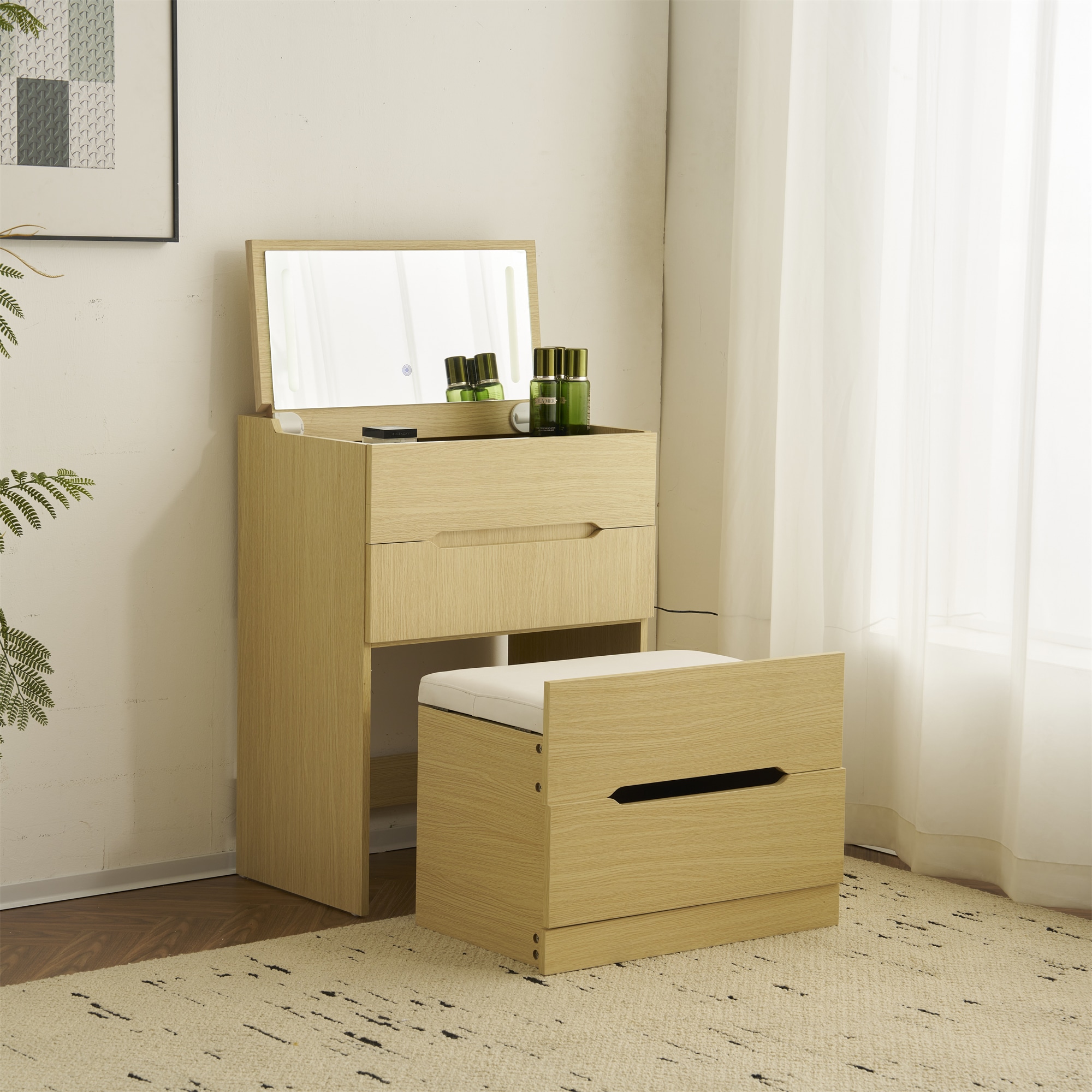 国内発送！ドレッサー 化粧台 ドレッサーセット 3色調節 鏡台 LEDミラー コンパクト 引き出し付き デスク スツール付き 収納 可愛い おしゃれ メイク台 化粧台 収納 化粧テーブル 収納付き 椅