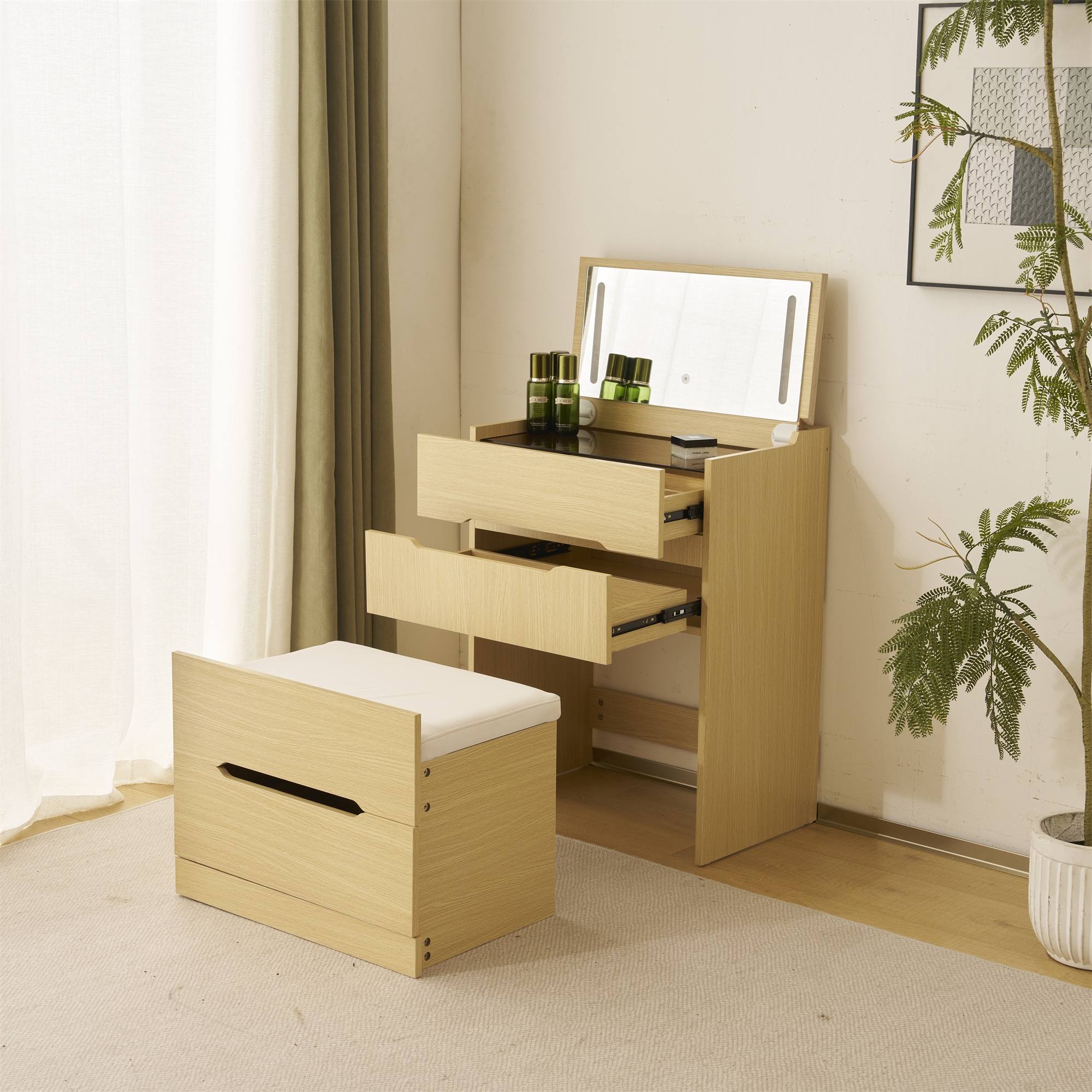 国内発送！ドレッサー 化粧台 ドレッサーセット 3色調節 鏡台 LEDミラー コンパクト 引き出し付き デスク スツール付き 収納 可愛い おしゃれ メイク台 化粧台 収納 化粧テーブル 収納付き 椅
