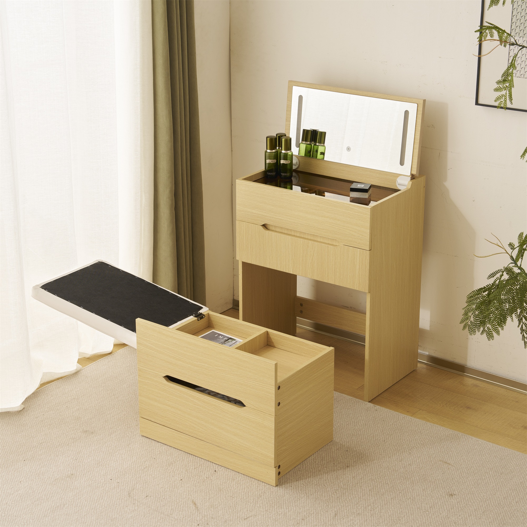 国内発送！ドレッサー 化粧台 ドレッサーセット 3色調節 鏡台 LEDミラー コンパクト 引き出し付き デスク スツール付き 収納 可愛い おしゃれ メイク台 化粧台 収納 化粧テーブル 収納付き 椅