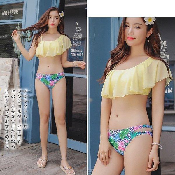 水着セット ビキニ水着レディース花柄フリルトップスワンショルダー花柄ビキニビーチプールパット付 水着セット ビキニ水着レディース花柄フリルトップスワンショルダー花柄ビキニビーチプールパット付