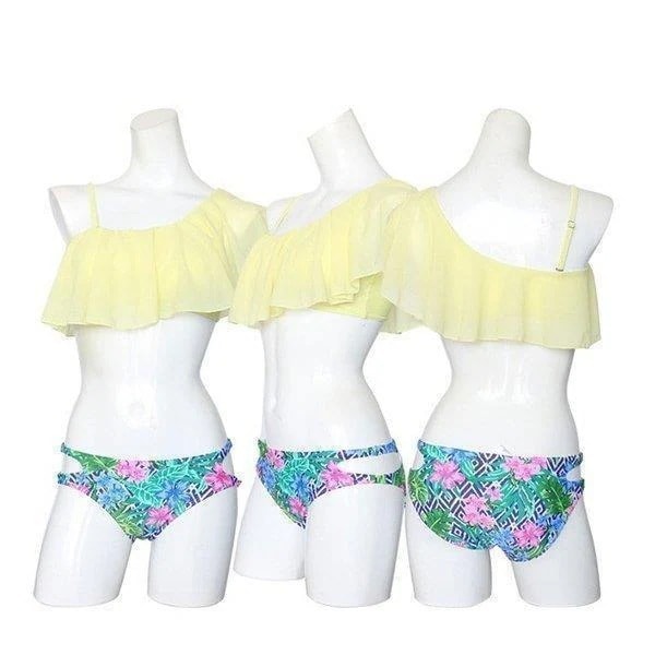 水着セット ビキニ水着レディース花柄フリルトップスワンショルダー花柄ビキニビーチプールパット付 水着セット ビキニ水着レディース花柄フリルトップスワンショルダー花柄ビキニビーチプールパット付