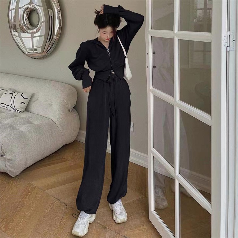 セットアップ ルームウェア スポーツウェア セーター スウェット ジャージ 部屋着 ジッパー ワイドパンツ ミモレ ミモレ丈 ロング ロング丈 長袖 スリム 細身 フード付き ファスナー 上下セット