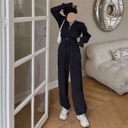 セットアップ ルームウェア スポーツウェア セーター スウェット ジャージ 部屋着 ジッパー ワイドパンツ ミモレ ミモレ丈 ロング ロング丈 長袖 スリム 細身 フード付き ファスナー 上下セット