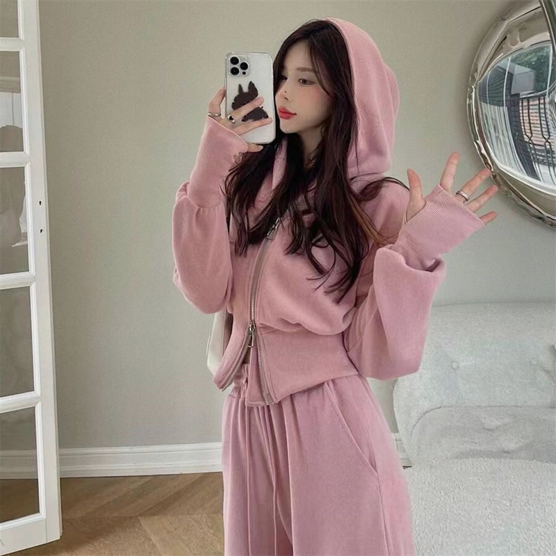 セットアップ ルームウェア スポーツウェア セーター スウェット ジャージ 部屋着 ジッパー ワイドパンツ ミモレ ミモレ丈 ロング ロング丈 長袖 スリム 細身 フード付き ファスナー 上下セット