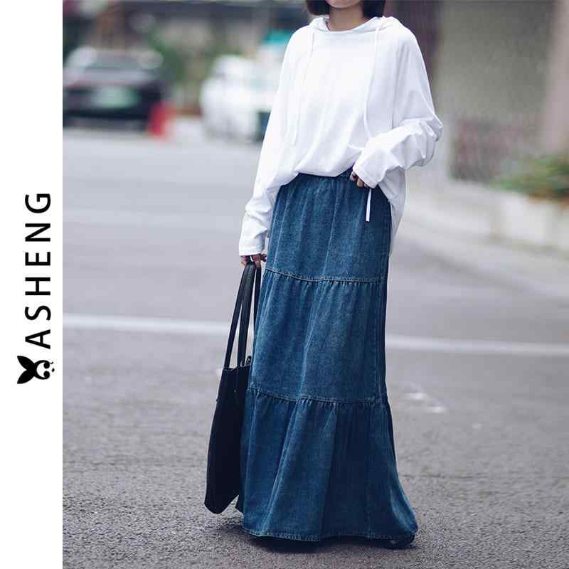 ティアードスカート ロング レディース ボトムス ガーリー マキシスカート デニム カジュアル 通勤 春秋 ブルー
