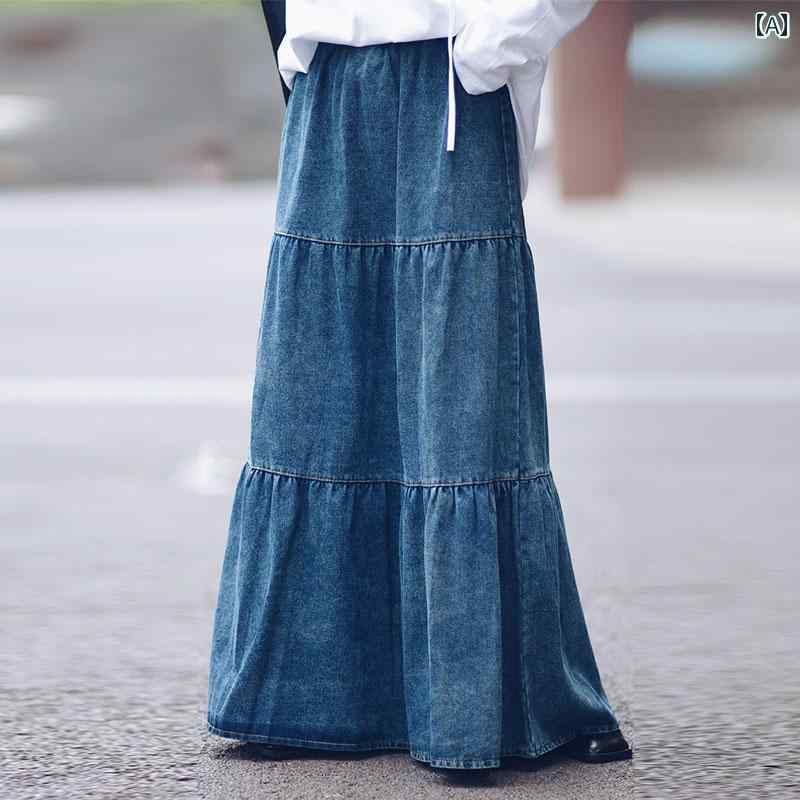 ティアードスカート ロング レディース ボトムス ガーリー マキシスカート デニム カジュアル 通勤 春秋 ブルー