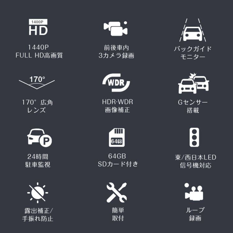 ドライブレコーダー 前後カメラ ドラレコ 64GB SDカード 高画質 車載カメラ 3カメラ バックカメラ Gセンサー HD 動画 記録 1440P 駐車監視 同時録画 ループ録画 常時 安全 安心