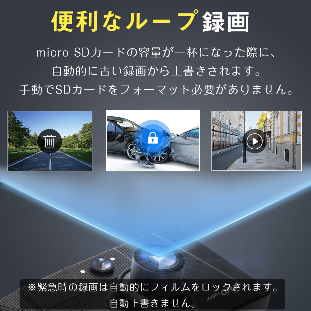 ドライブレコーダー 前後カメラ ドラレコ 64GB SDカード 高画質 車載カメラ 3カメラ バックカメラ Gセンサー HD 動画 記録 1440P 駐車監視 同時録画 ループ録画 常時 安全 安心