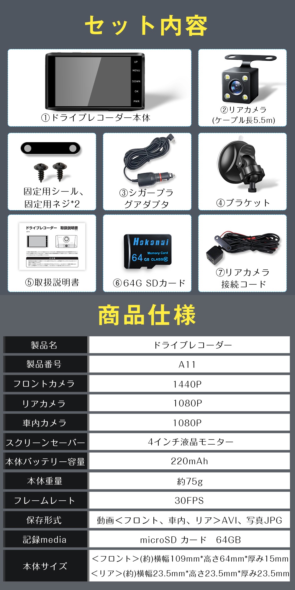 ドライブレコーダー 前後カメラ ドラレコ 64GB SDカード 高画質 車載カメラ 3カメラ バックカメラ Gセンサー HD 動画 記録 1440P 駐車監視 同時録画 ループ録画 常時 安全 安心