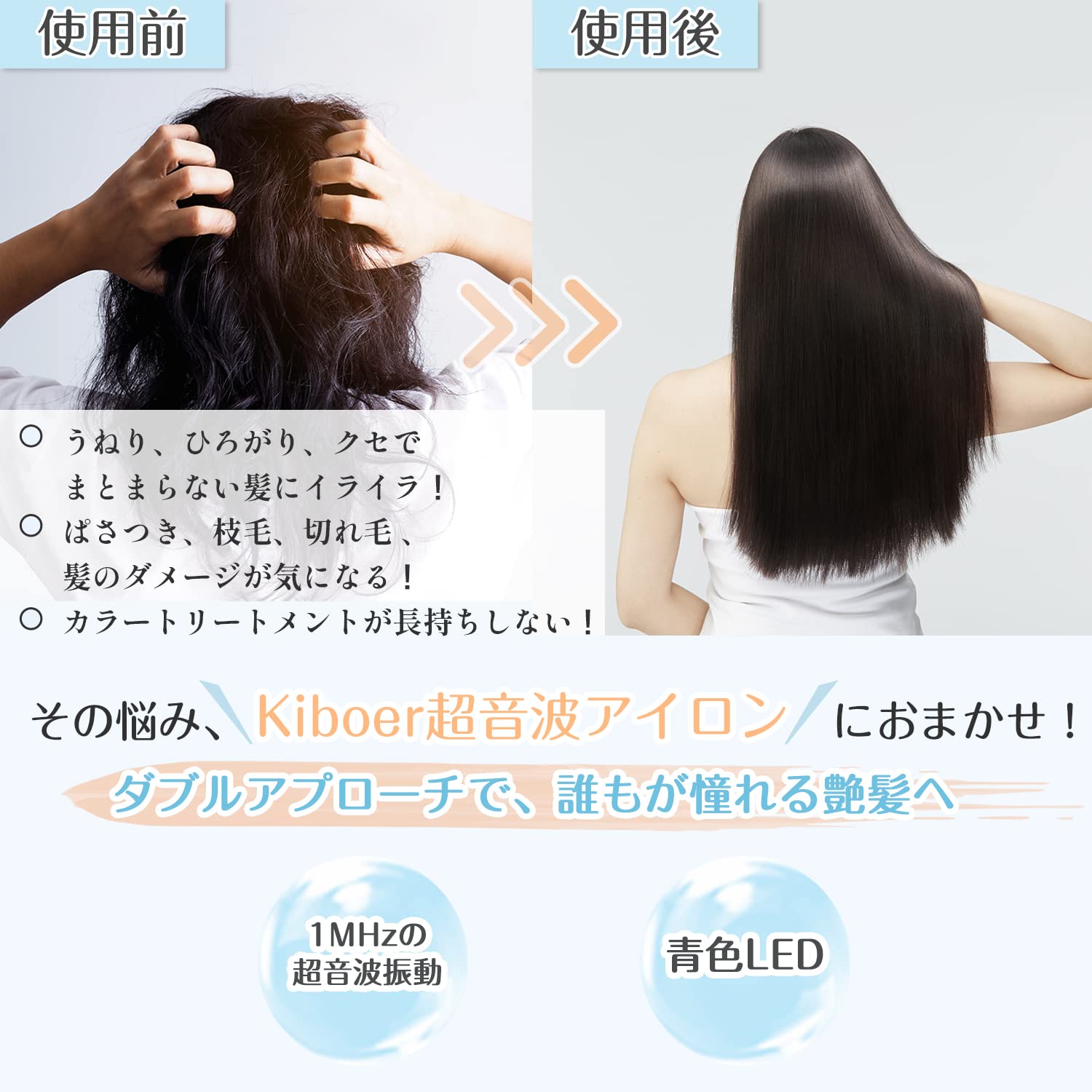Kiboer 超音波トリートメント アイロン トリートメントアイロン ツヤ髪 超音波トリートメント トリートメント浸透促進 ヘアアイロン ヘアダメージ補修 ヘアケア 1MHz 超音波 青色LED 浸透