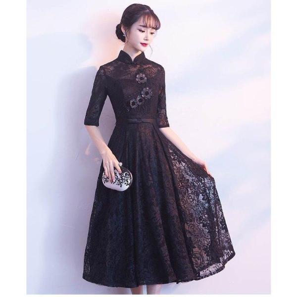 ワンピース ピアノ 演奏会 お呼ばれ 二次会 結婚式 おしゃれ チャイナドレス 袖あり 総レース 黒 膝丈 パーティードレス レディースファッション ワンピース ピアノ 演奏会 お呼ばれ 二次会 結婚式 おしゃれ チャイナドレス 袖あり 総レース 黒 膝丈 パーティードレス レディースファッション