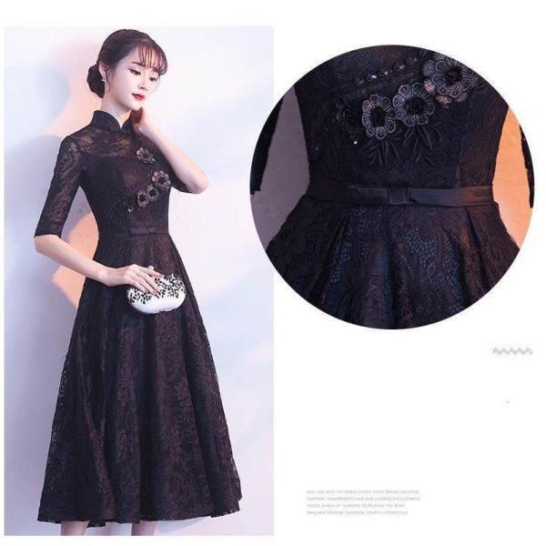 ワンピース ピアノ 演奏会 お呼ばれ 二次会 結婚式 おしゃれ チャイナドレス 袖あり 総レース 黒 膝丈 パーティードレス レディースファッション ワンピース ピアノ 演奏会 お呼ばれ 二次会 結婚式 おしゃれ チャイナドレス 袖あり 総レース 黒 膝丈 パーティードレス レディースファッション