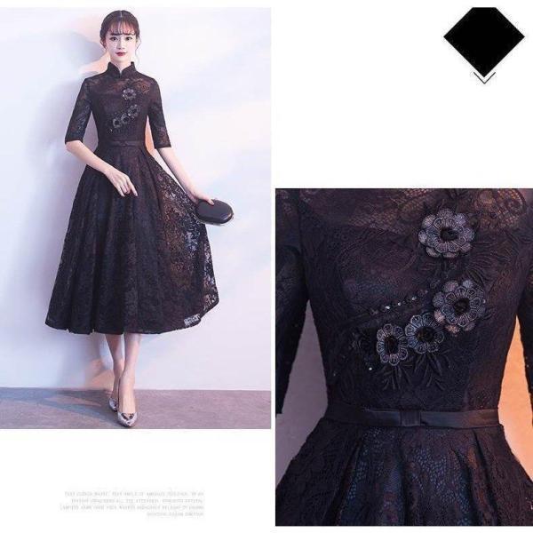 ワンピース ピアノ 演奏会 お呼ばれ 二次会 結婚式 おしゃれ チャイナドレス 袖あり 総レース 黒 膝丈 パーティードレス レディースファッション ワンピース ピアノ 演奏会 お呼ばれ 二次会 結婚式 おしゃれ チャイナドレス 袖あり 総レース 黒 膝丈 パーティードレス レディースファッション