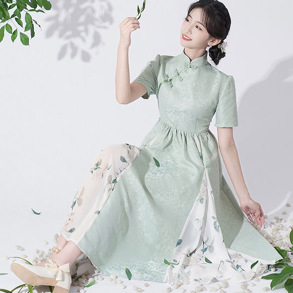 韓国よりオルチャンドレス チャイナドレス風ワンピース 韓国よりオルチャンドレスチャイナ風 フローラルワンピース