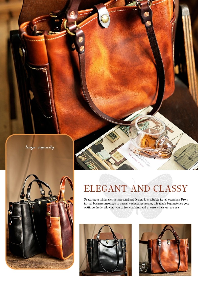 J.K.T 本革 手提げバッグ ビジネスバッグ トートバッグ レザーバッグ 肩掛け トート 2way メンズ 自立 大容量 出張 大きめ 鞄 レザー A4 pc収納 人気 通勤 通学 ギフト プ
