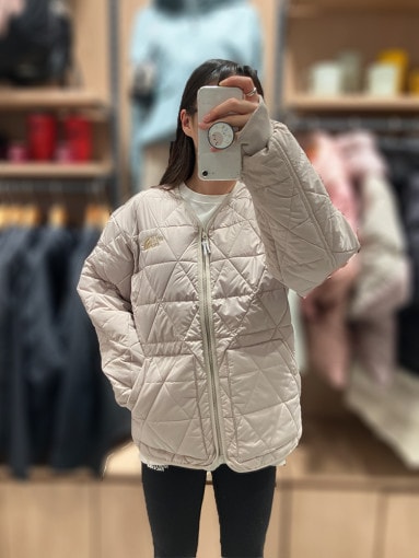 NJ3NQ56 MS GEODOME V CARDIGAN 襟なし ノーカラー ジャケット 長袖 カーディガン 温かい ライト ダウン 軽量 軽い 重ね着 レディース メンズ ショート 短め 暖か