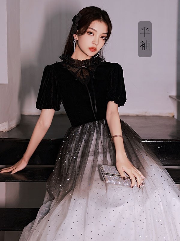 ドレス 大人 ピアノ 発表会 ロングドレス 演奏会 結婚式 母親 ドレス ピアノ発表会 黒 袖付き ロング パーティードレス キラキラ ブラック 半袖 長袖 成人式 同窓会 Aライン ステージドレス