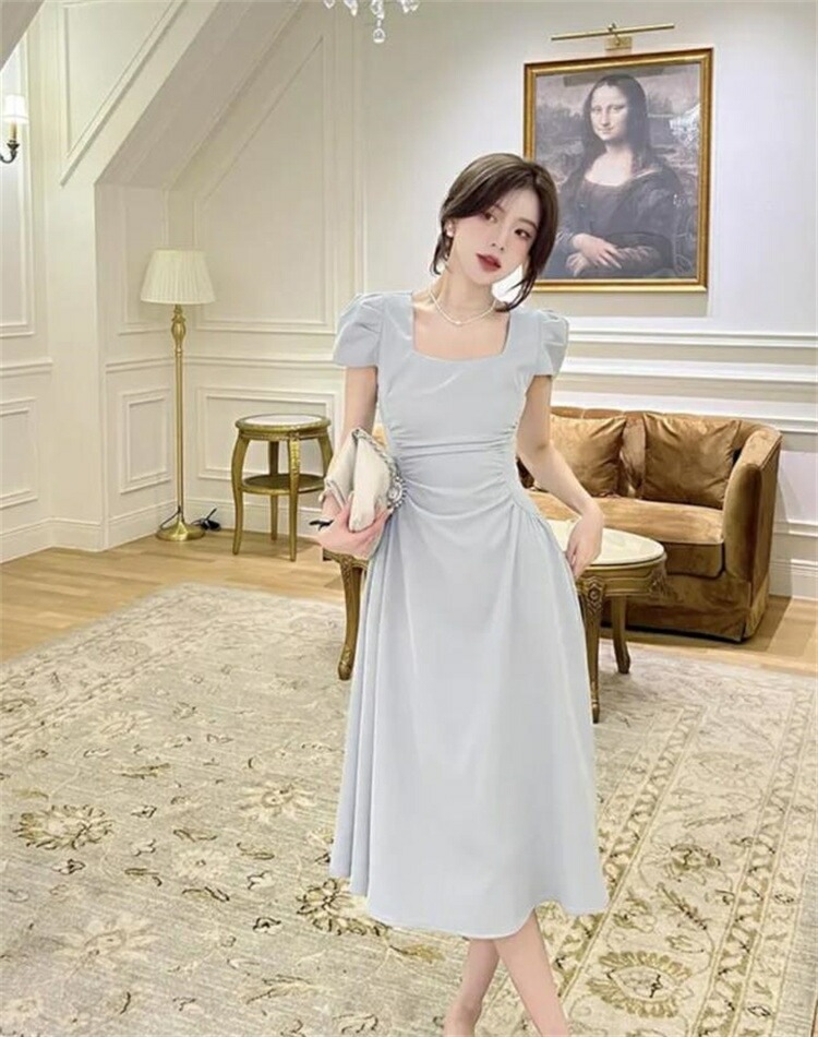 韓国ファッション ドレス 角襟ワンピース ギャザリング 半袖ワンピース 韓国ファッション ドレス 角襟ワンピース ギャザリング 半袖ワンピース