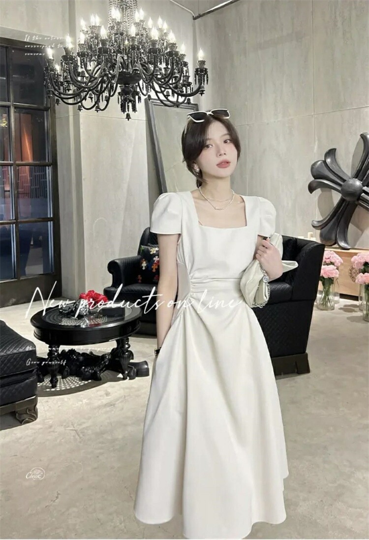 韓国ファッション ドレス 角襟ワンピース ギャザリング 半袖ワンピース 韓国ファッション ドレス 角襟ワンピース ギャザリング 半袖ワンピース