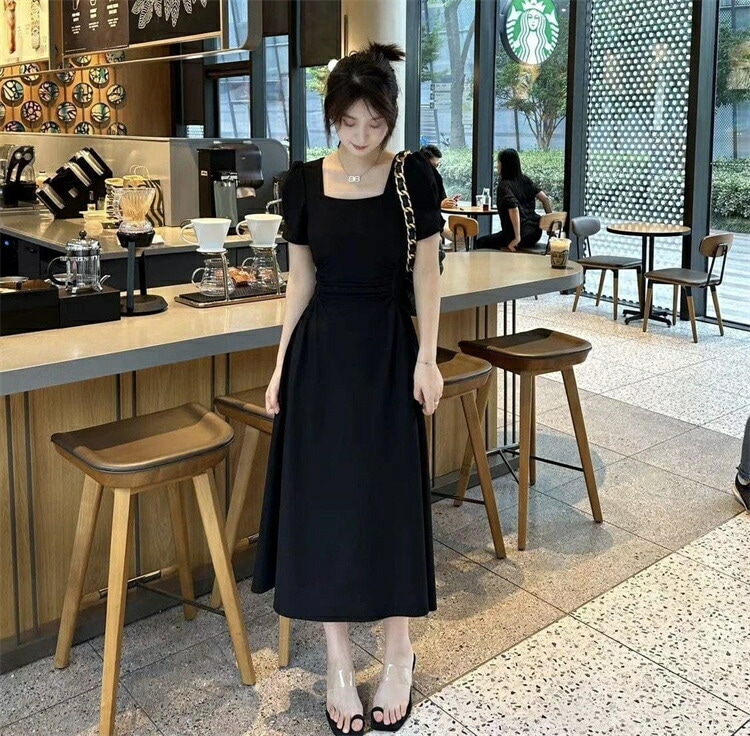 韓国ファッション ドレス 角襟ワンピース ギャザリング 半袖ワンピース 韓国ファッション ドレス 角襟ワンピース ギャザリング 半袖ワンピース