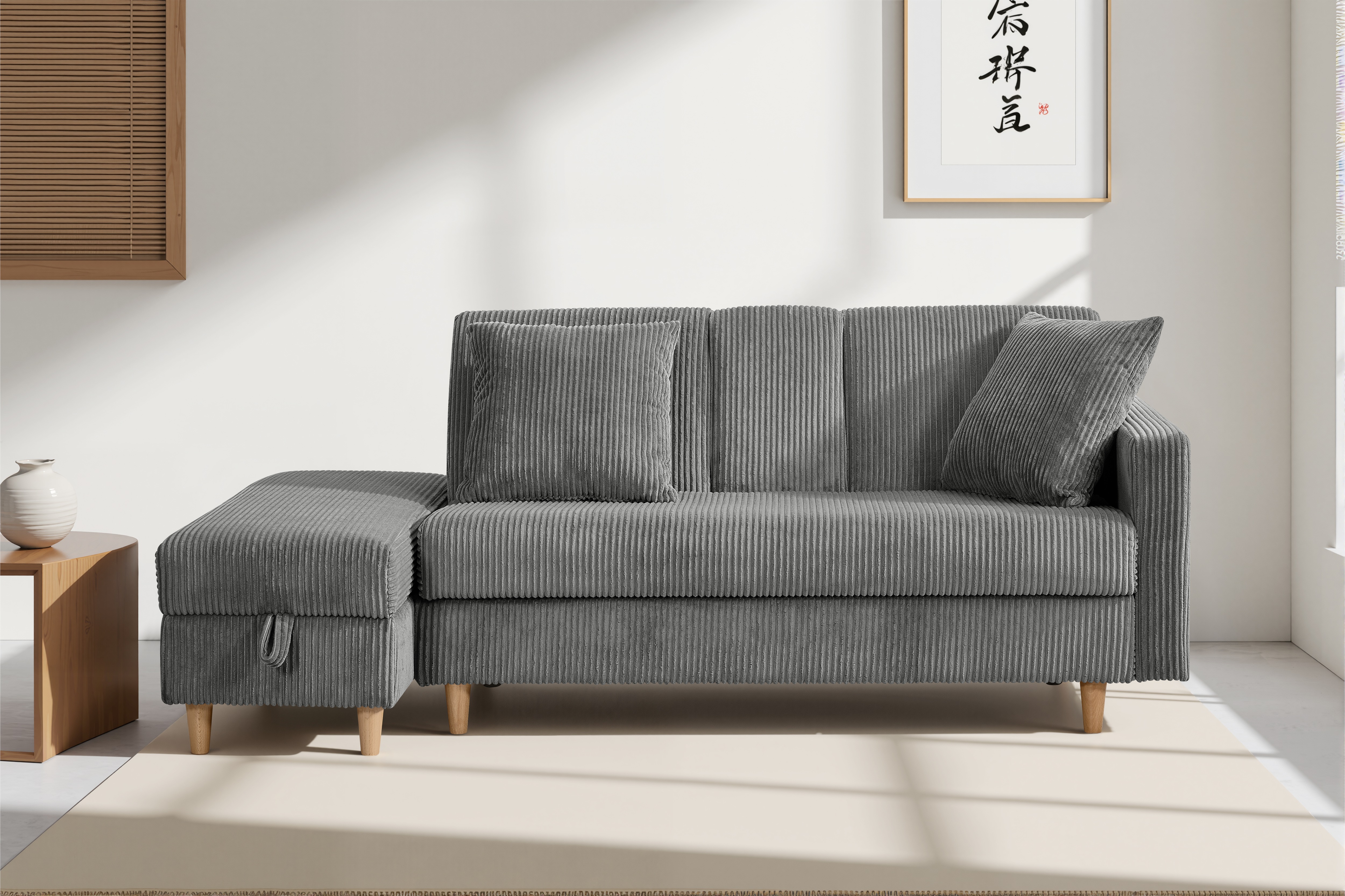 【国内出荷 - 3日配達】ソファ　ソファーベッド　カウチソファ　3人掛け　オットマン付き　多機能ソファ　左右側とも取り付けるアームレスト　たくさん収納　レイアウト自由　クッション2個704