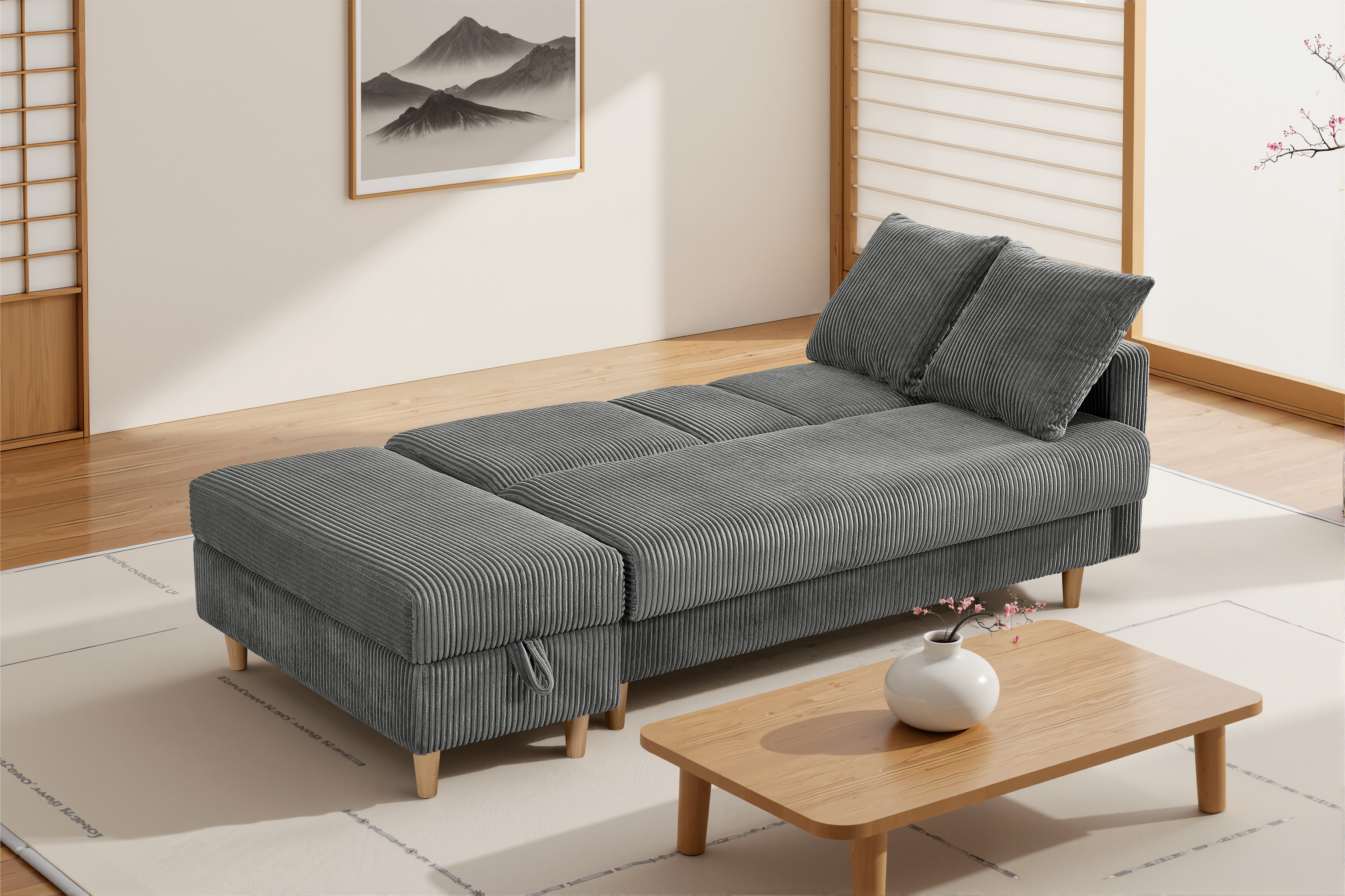 【国内出荷 - 3日配達】ソファ　ソファーベッド　カウチソファ　3人掛け　オットマン付き　多機能ソファ　左右側とも取り付けるアームレスト　たくさん収納　レイアウト自由　クッション2個704