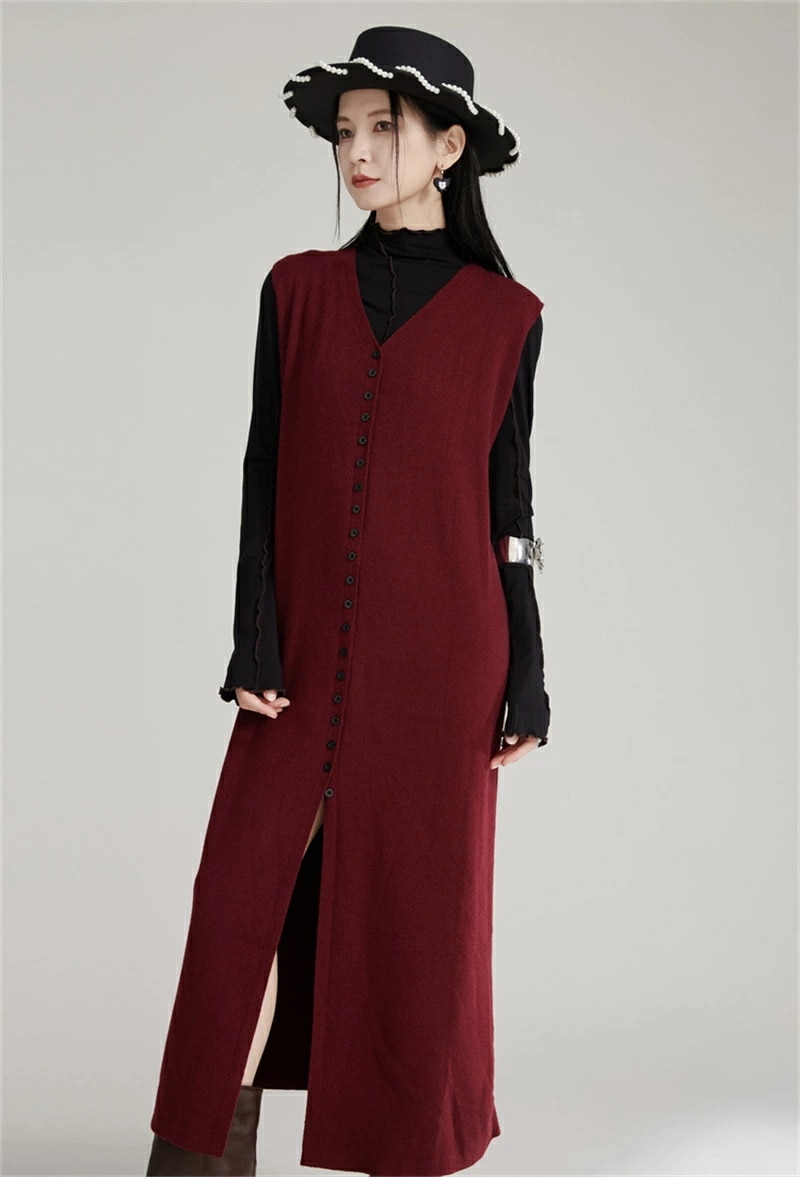 ノースリーブ ワンピース 秋冬 ニット ロングワンピース ニットワンピース v ネック ベスト ロングベスト ロング丈 マキシワンピース 二点 セットアップ 肩掛け 前開き ボタン留め スリット レッ ノースリーブ ワンピース 秋冬 ニット ロングワンピース ニットワンピース v ネック ベスト ロングベスト ロング丈 マキシワンピース 二点 セットアップ 肩掛け 前開き ボタン留め スリット レッ