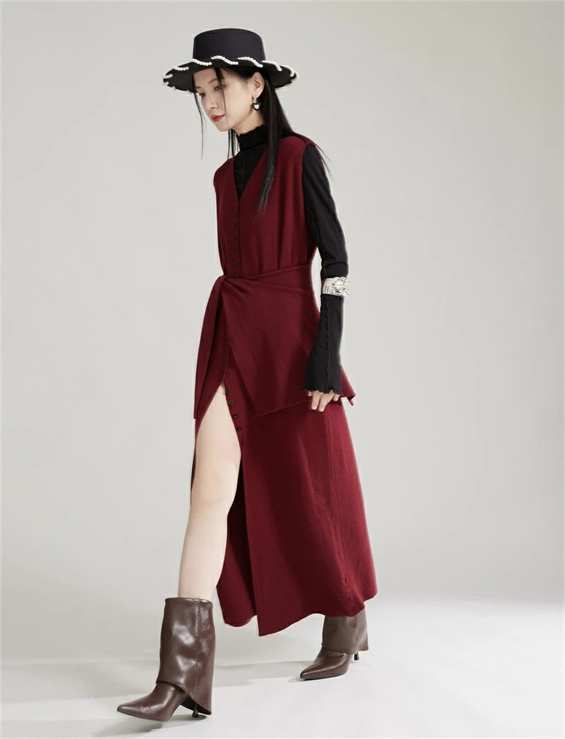 ノースリーブ ワンピース 秋冬 ニット ロングワンピース ニットワンピース v ネック ベスト ロングベスト ロング丈 マキシワンピース 二点 セットアップ 肩掛け 前開き ボタン留め スリット レッ ノースリーブ ワンピース 秋冬 ニット ロングワンピース ニットワンピース v ネック ベスト ロングベスト ロング丈 マキシワンピース 二点 セットアップ 肩掛け 前開き ボタン留め スリット レッ