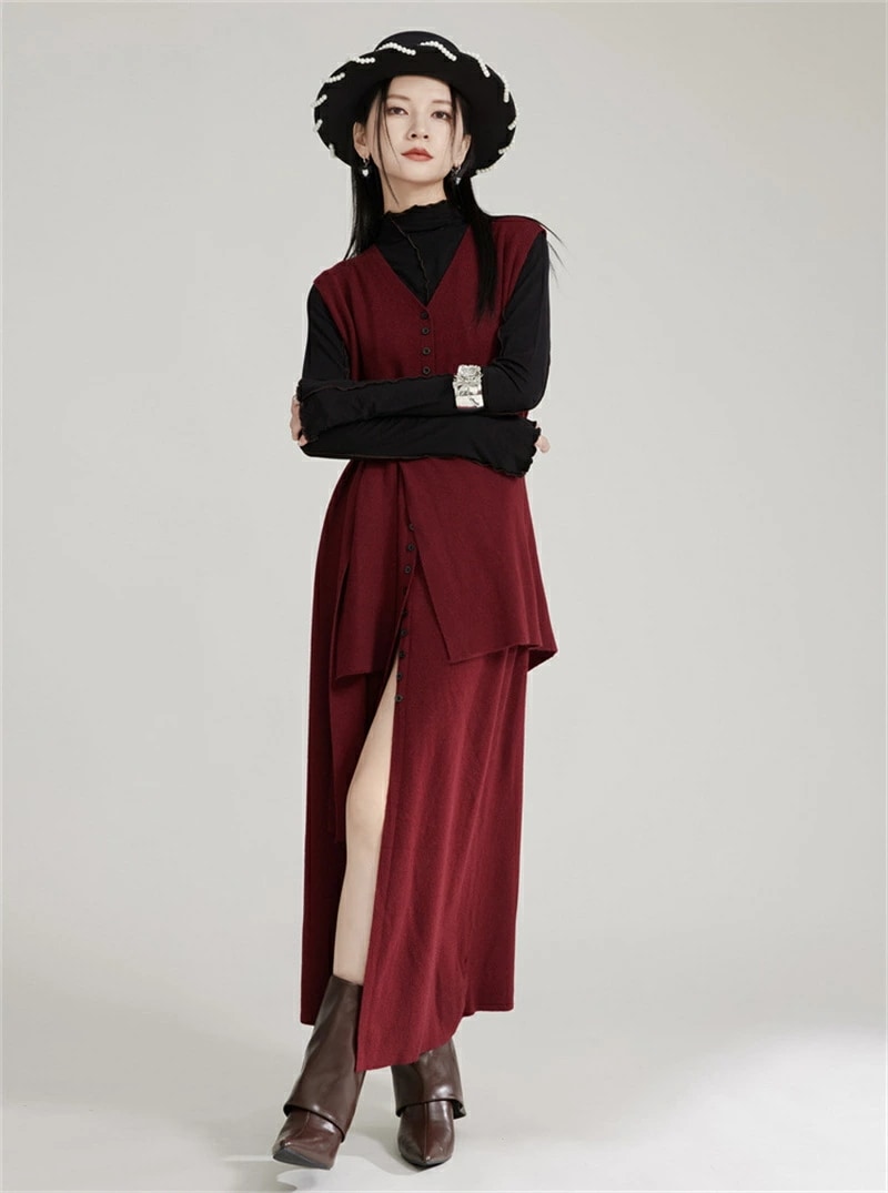 ノースリーブ ワンピース 秋冬 ニット ロングワンピース ニットワンピース v ネック ベスト ロングベスト ロング丈 マキシワンピース 二点 セットアップ 肩掛け 前開き ボタン留め スリット レッ ノースリーブ ワンピース 秋冬 ニット ロングワンピース ニットワンピース v ネック ベスト ロングベスト ロング丈 マキシワンピース 二点 セットアップ 肩掛け 前開き ボタン留め スリット レッ