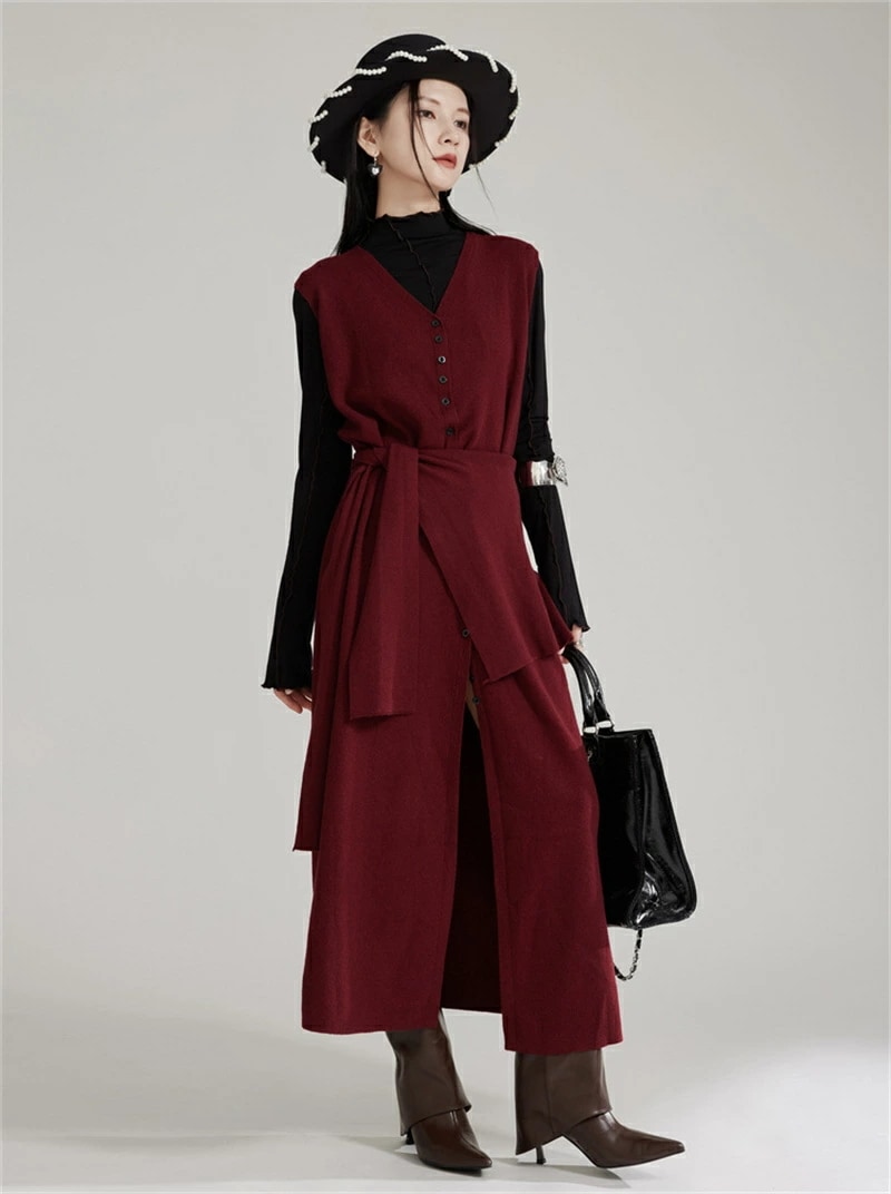 ノースリーブ ワンピース 秋冬 ニット ロングワンピース ニットワンピース v ネック ベスト ロングベスト ロング丈 マキシワンピース 二点 セットアップ 肩掛け 前開き ボタン留め スリット レッ ノースリーブ ワンピース 秋冬 ニット ロングワンピース ニットワンピース v ネック ベスト ロングベスト ロング丈 マキシワンピース 二点 セットアップ 肩掛け 前開き ボタン留め スリット レッ