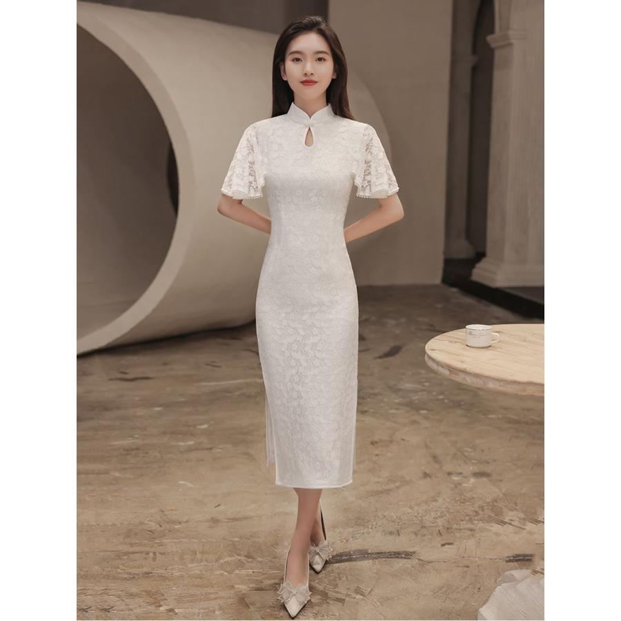 チャイナドレス ウェディングドレス 白 ホワイト スレンダー 高品質 チャイニーズカラー シンプル 無地 ワンピース 結婚式 二次会 海外挙式 ブライダルドレス 優