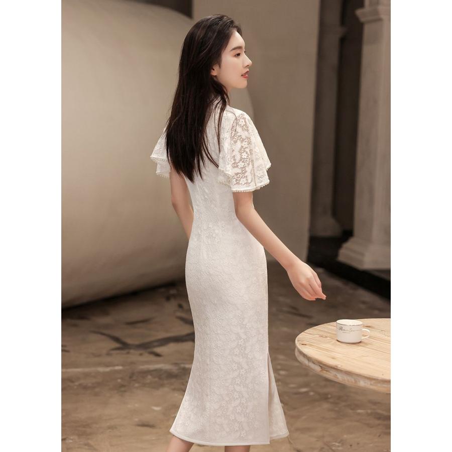 チャイナドレス ウェディングドレス 白 ホワイト スレンダー 高品質 チャイニーズカラー シンプル 無地 ワンピース 結婚式 二次会 海外挙式 ブライダルドレス 優