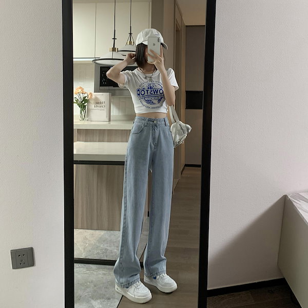 Qoo10] ハイウエストストレートデニムパンツ 春