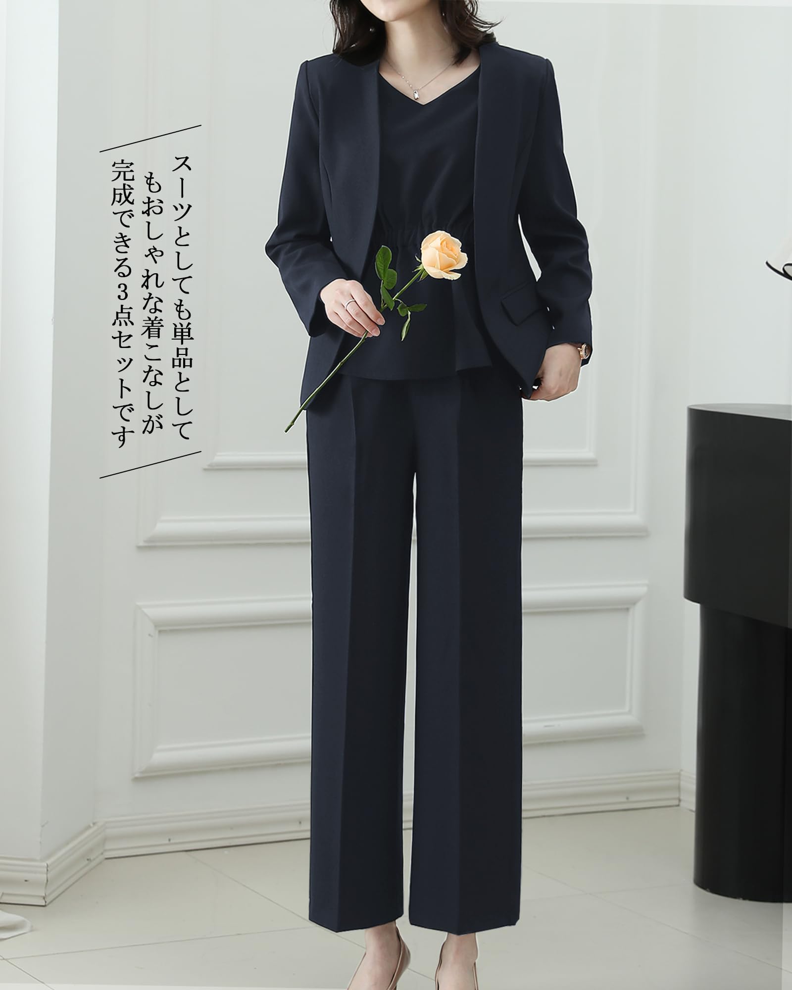 [Yino] イノ セットアップ 3点セット レディース パンツスーツ ジャケット＋ブラウス+ワイドパンツ 体型カバー 洗える スーツ 着瘦せ おしゃれ 女性らしい ママ 通勤 入学式 卒業式 面接