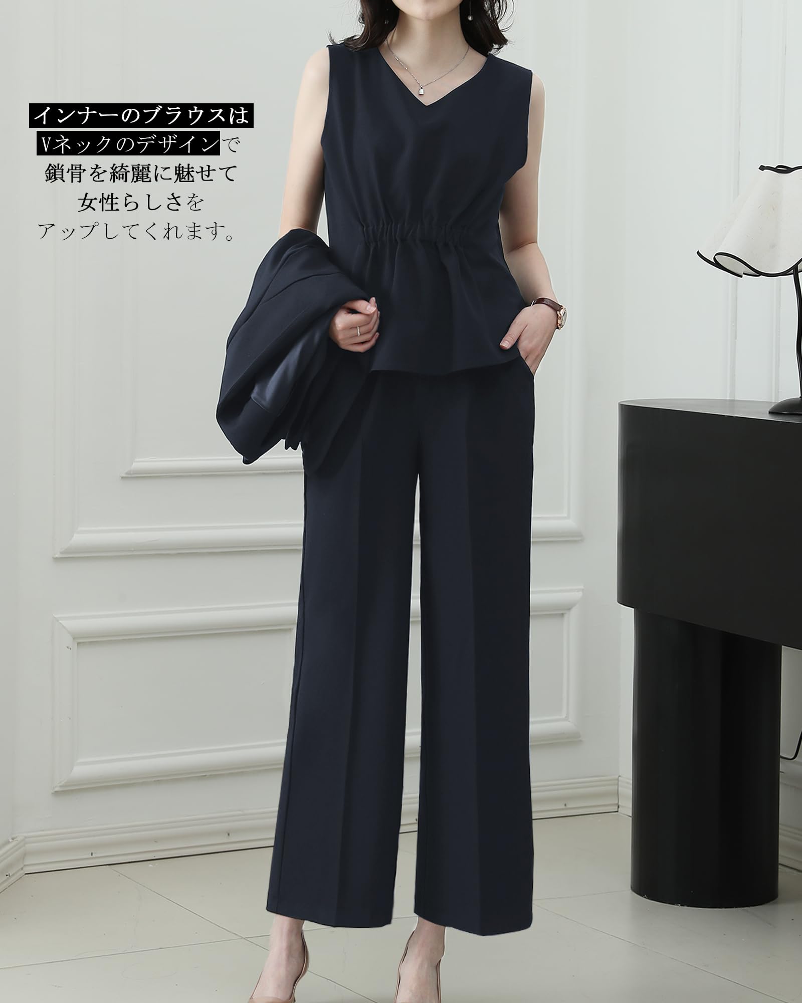 [Yino] イノ セットアップ 3点セット レディース パンツスーツ ジャケット＋ブラウス+ワイドパンツ 体型カバー 洗える スーツ 着瘦せ おしゃれ 女性らしい ママ 通勤 入学式 卒業式 面接