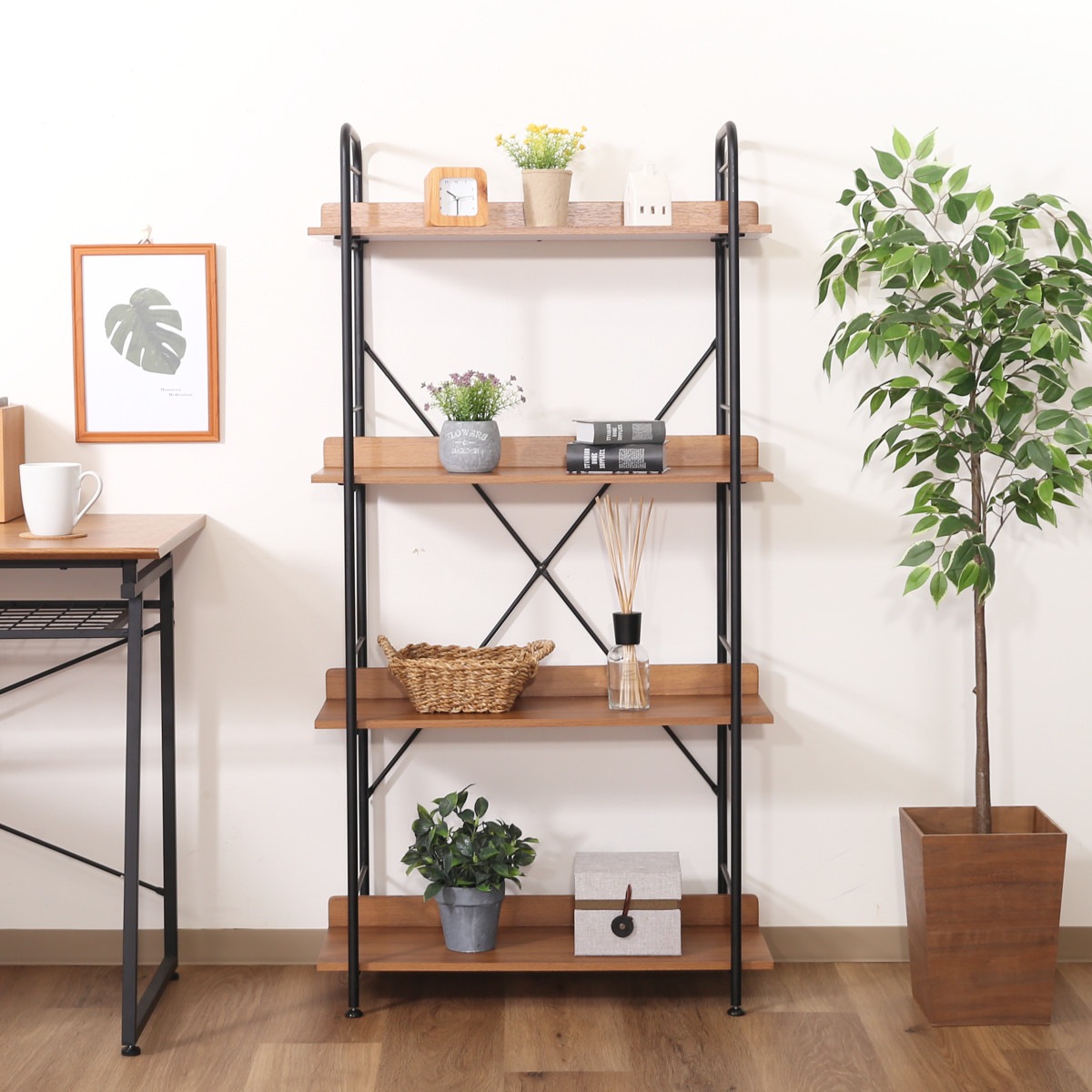オープンシェルフ 幅71cm 4段 ブルックリン調 スチールラック 本棚 ラック シェルフ 飾り棚 ディスプレイ オープンラック 収納棚 収納 収納ラック 棚 木目 スチール ブルックリン