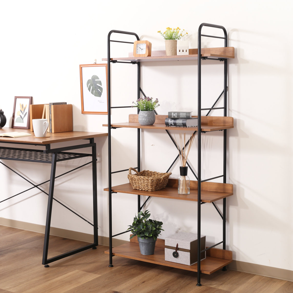オープンシェルフ 幅71cm 4段 ブルックリン調 スチールラック 本棚 ラック シェルフ 飾り棚 ディスプレイ オープンラック 収納棚 収納 収納ラック 棚 木目 スチール ブルックリン