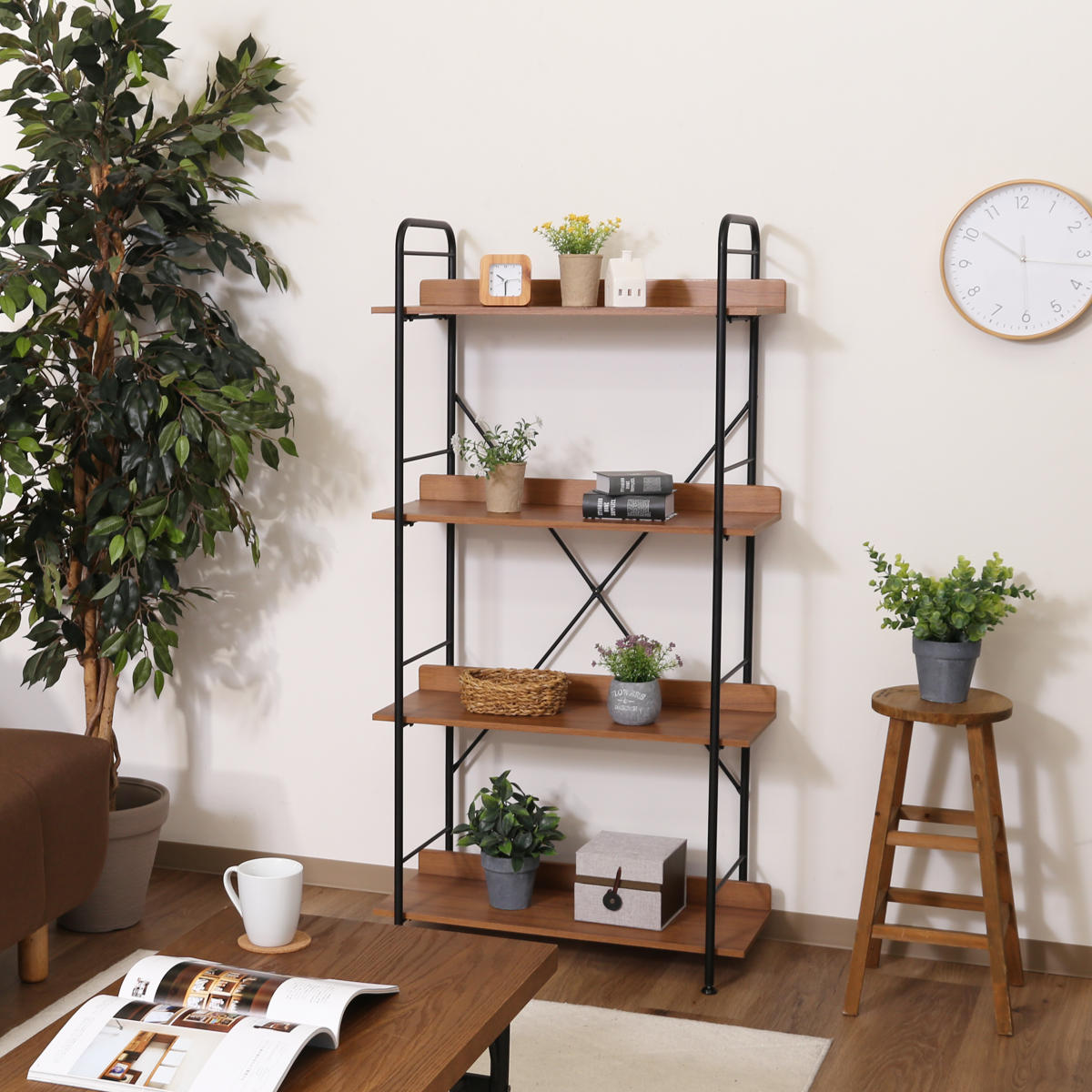 オープンシェルフ 幅71cm 4段 ブルックリン調 スチールラック 本棚 ラック シェルフ 飾り棚 ディスプレイ オープンラック 収納棚 収納 収納ラック 棚 木目 スチール ブルックリン