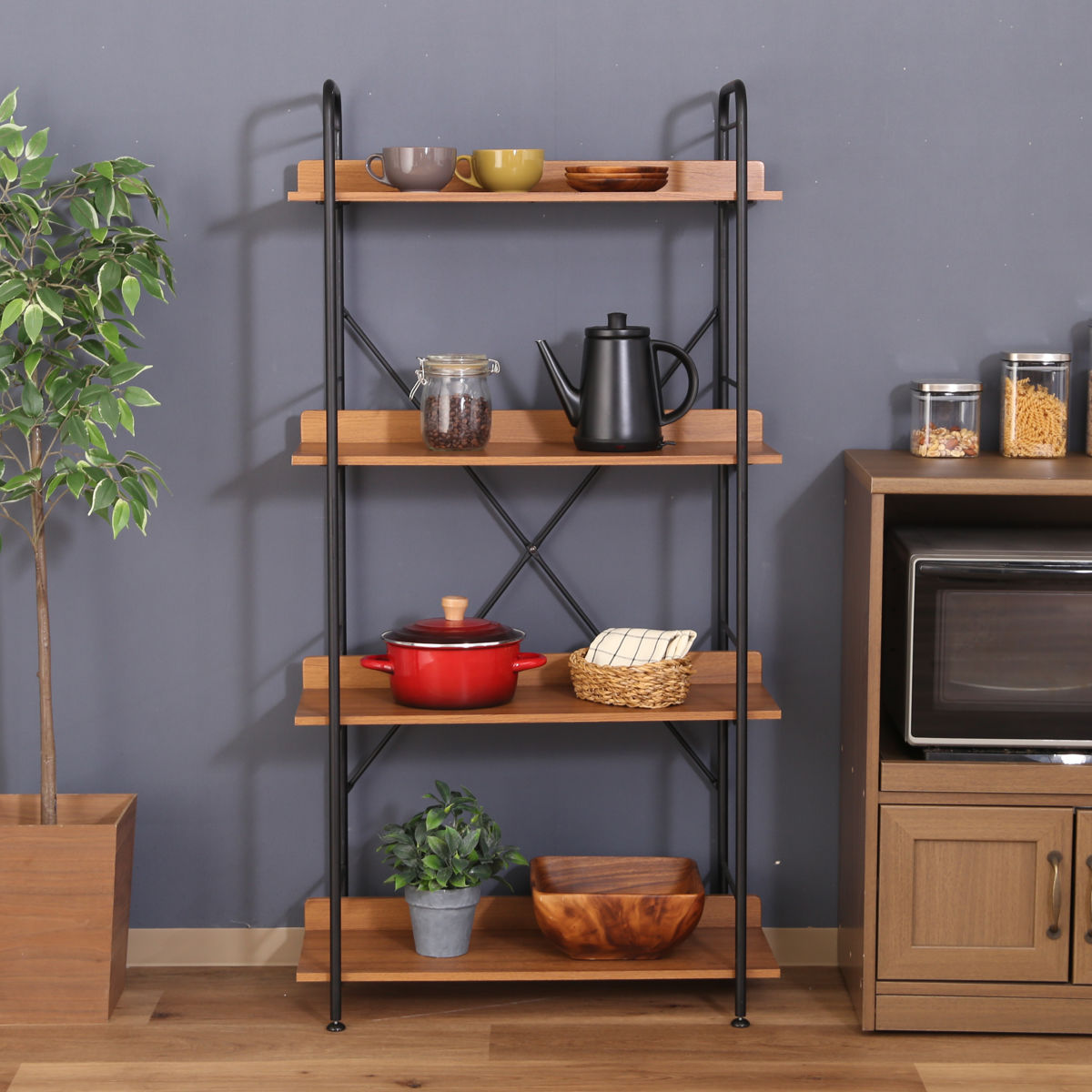 オープンシェルフ 幅71cm 4段 ブルックリン調 スチールラック 本棚 ラック シェルフ 飾り棚 ディスプレイ オープンラック 収納棚 収納 収納ラック 棚 木目 スチール ブルックリン
