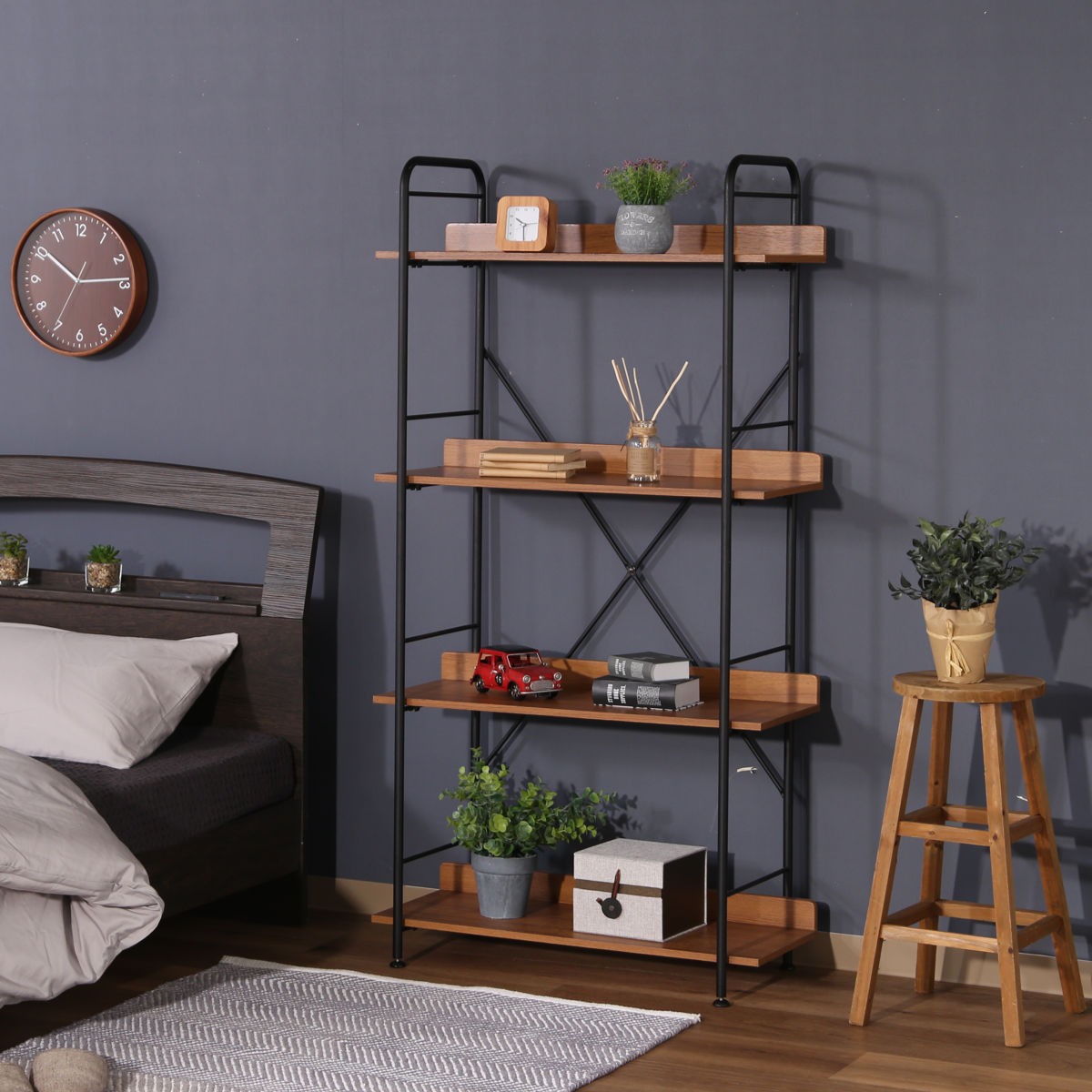 オープンシェルフ 幅71cm 4段 ブルックリン調 スチールラック 本棚 ラック シェルフ 飾り棚 ディスプレイ オープンラック 収納棚 収納 収納ラック 棚 木目 スチール ブルックリン