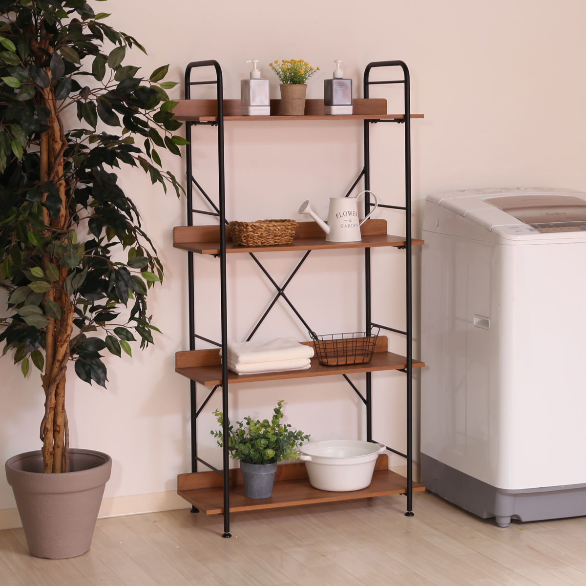 オープンシェルフ 幅71cm 4段 ブルックリン調 スチールラック 本棚 ラック シェルフ 飾り棚 ディスプレイ オープンラック 収納棚 収納 収納ラック 棚 木目 スチール ブルックリン