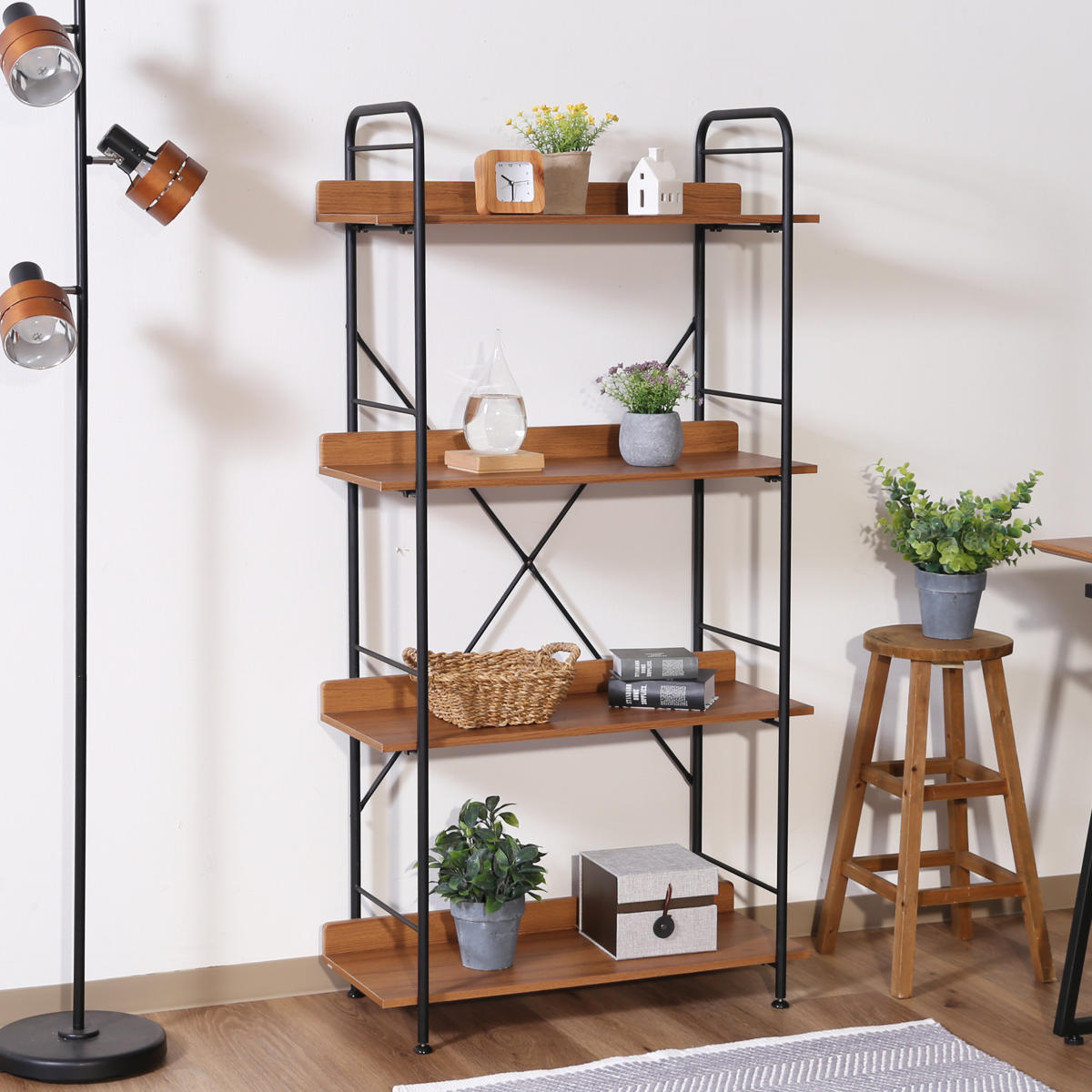 オープンシェルフ 幅71cm 4段 ブルックリン調 スチールラック 本棚 ラック シェルフ 飾り棚 ディスプレイ オープンラック 収納棚 収納 収納ラック 棚 木目 スチール ブルックリン