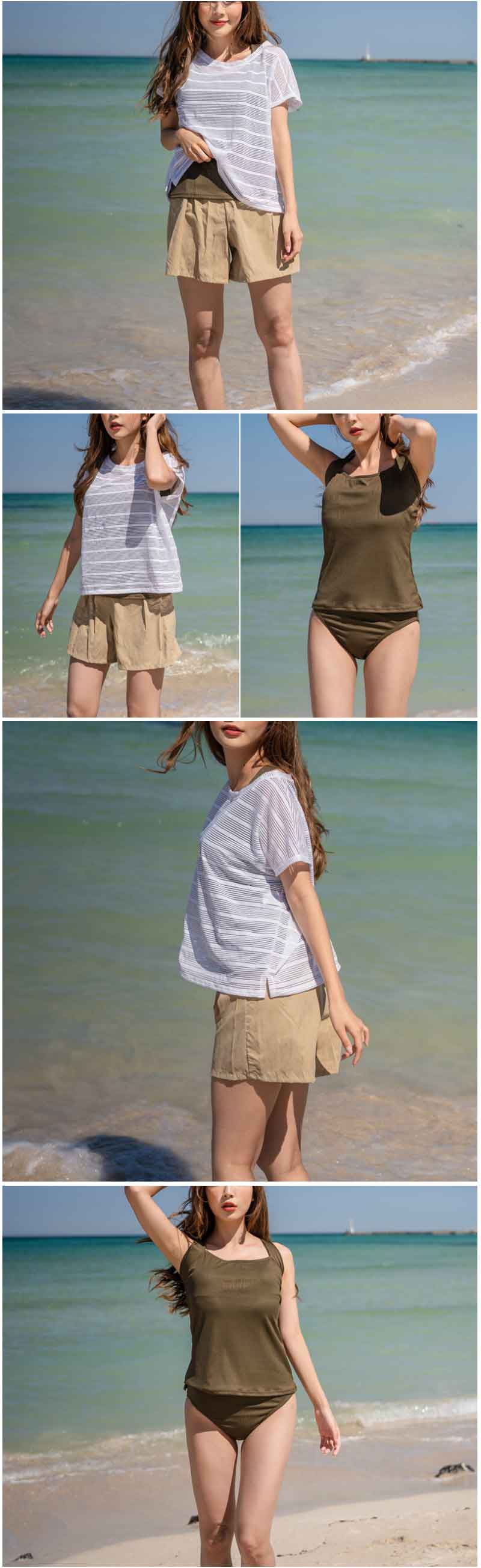 レディース 水着 体型カバー タンキニ 半袖 ラッシュガード ショートパンツ セパレート 無地 上下4点セット 大きいサイズ 露出控え ホルターネック 小胸 50代/40/30/20 オトナ女子