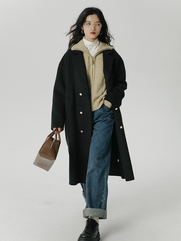 オーモントエッグタルトホームレトロウールダブルフェイスウールコートレディース新作秋冬ダブルブレストミディアム丈ウールコート オーモントエッグタルトホームレトロウールダブルフェイスウールコートレディース新作秋冬ダブルブレストミディアム丈ウールコート